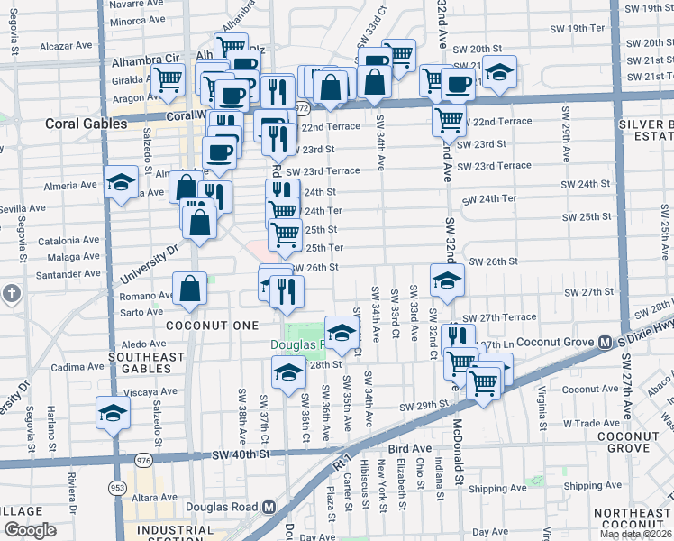 map of restaurants, bars, coffee shops, grocery stores, and more near 3554 Southwest 26th Street in Miami