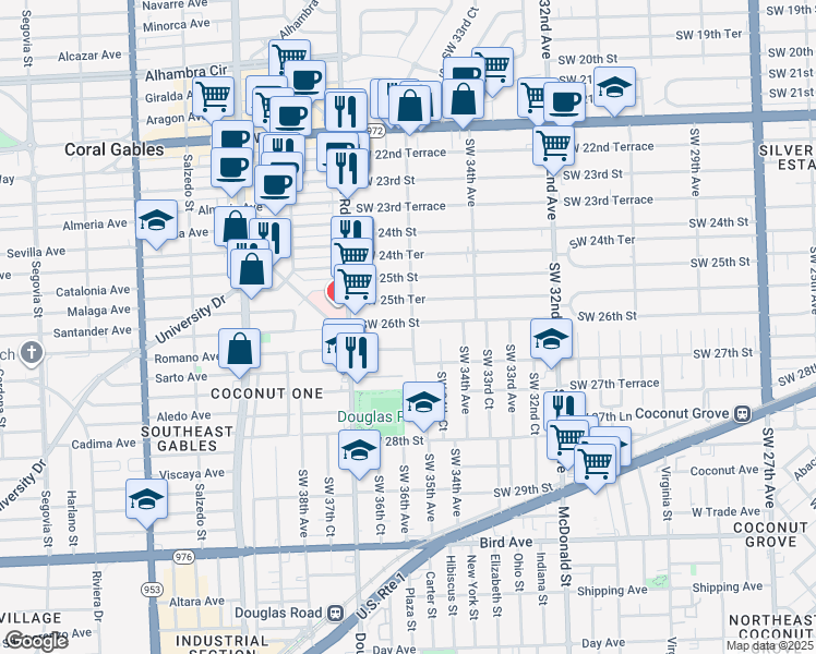 map of restaurants, bars, coffee shops, grocery stores, and more near 3554 Southwest 26th Street in Miami