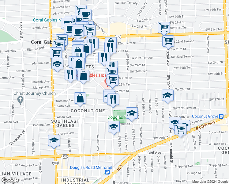 map of restaurants, bars, coffee shops, grocery stores, and more near in Coral Gables