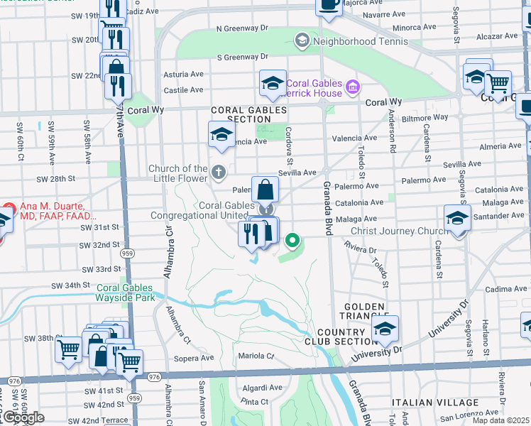 map of restaurants, bars, coffee shops, grocery stores, and more near 3010 De Soto Boulevard in Coral Gables