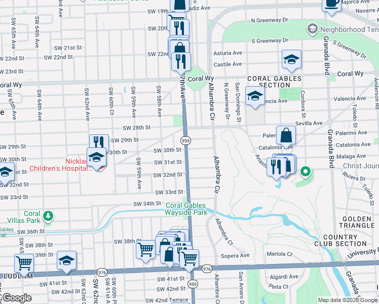 map of restaurants, bars, coffee shops, grocery stores, and more near 1540 Catalonia Avenue in Coral Gables