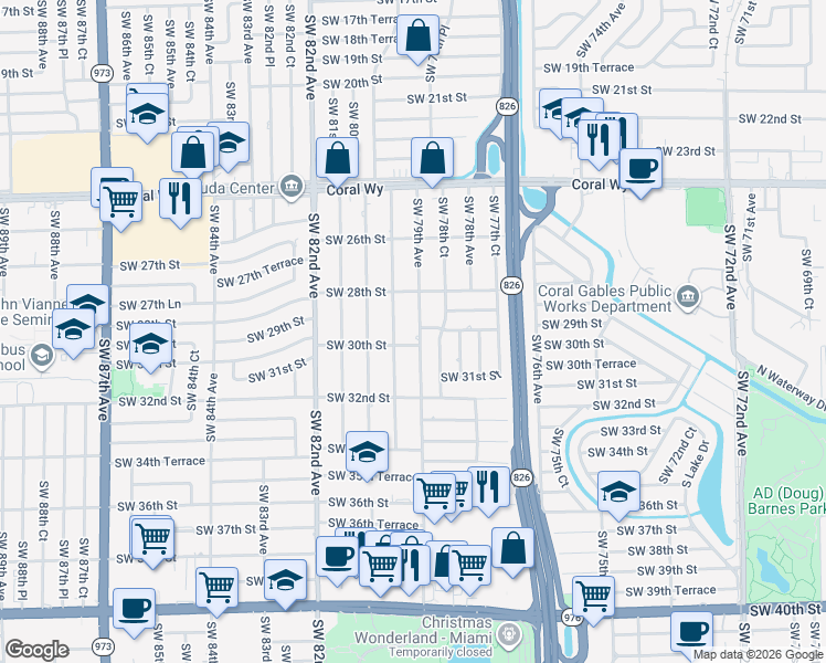 map of restaurants, bars, coffee shops, grocery stores, and more near 2955 Southwest 79th Avenue in Miami