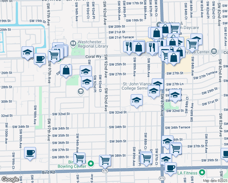 map of restaurants, bars, coffee shops, grocery stores, and more near 9110 Southwest 28th Terrace in Miami