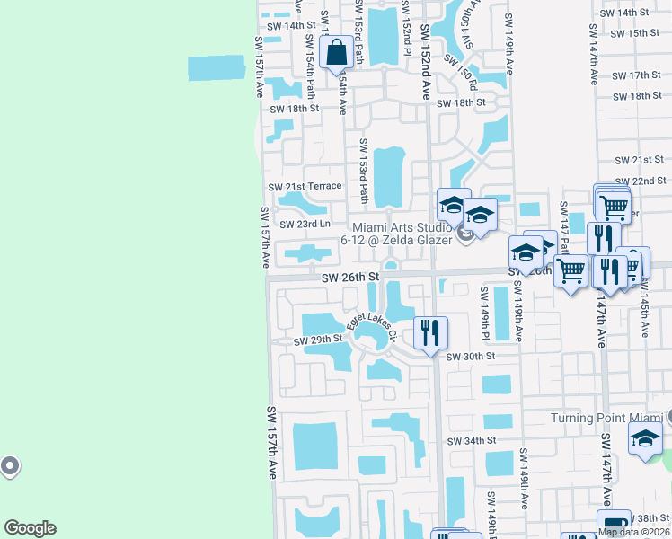 map of restaurants, bars, coffee shops, grocery stores, and more near 15438 Southwest 25th Terrace in Miami