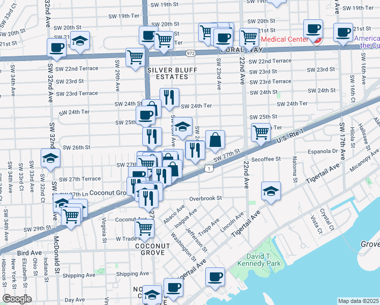 map of restaurants, bars, coffee shops, grocery stores, and more near 2475 Southwest 26th Lane in Miami