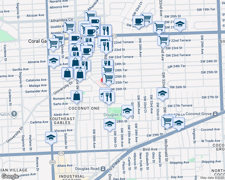 map of restaurants, bars, coffee shops, grocery stores, and more near 3631 Southwest 26th Street in Miami