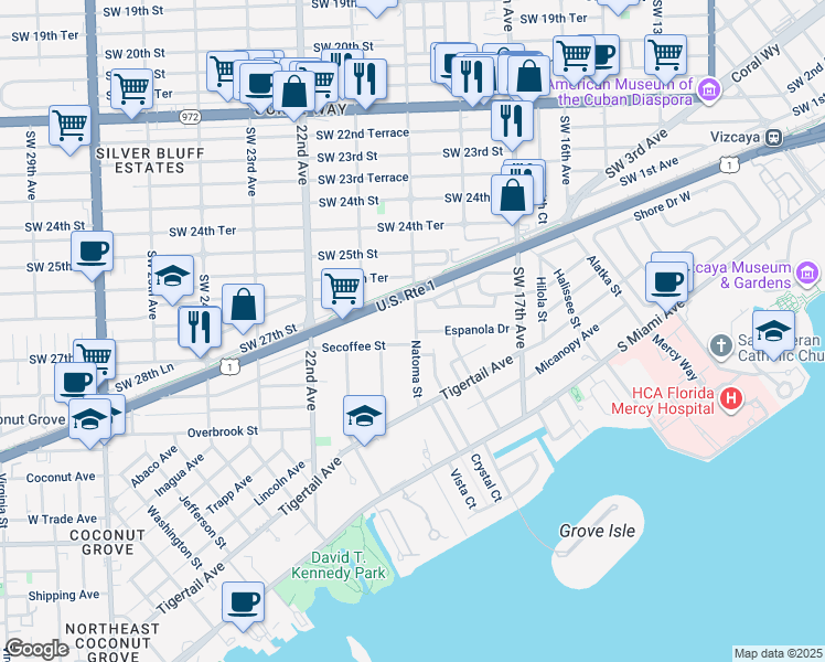 map of restaurants, bars, coffee shops, grocery stores, and more near 2680 Natoma Street in Miami