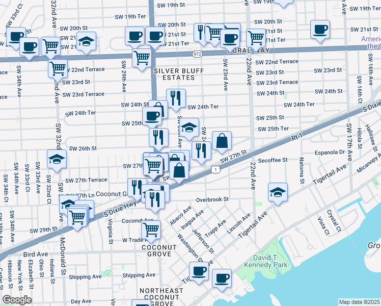 map of restaurants, bars, coffee shops, grocery stores, and more near 2475 Southwest 26th Lane in Miami