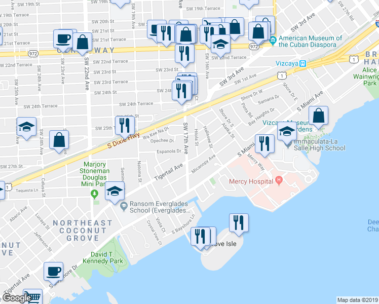 map of restaurants, bars, coffee shops, grocery stores, and more near 2711 Southwest 17th Avenue in Miami