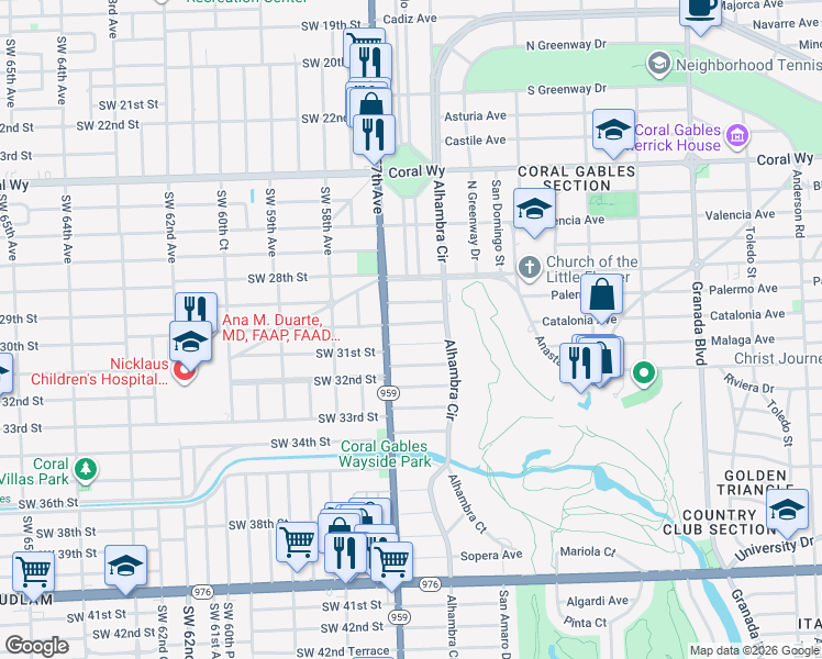 map of restaurants, bars, coffee shops, grocery stores, and more near 1540 Catalonia Ave in Coral Gables