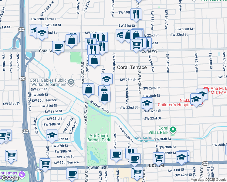 map of restaurants, bars, coffee shops, grocery stores, and more near 2872 Southwest 69th Avenue in Miami
