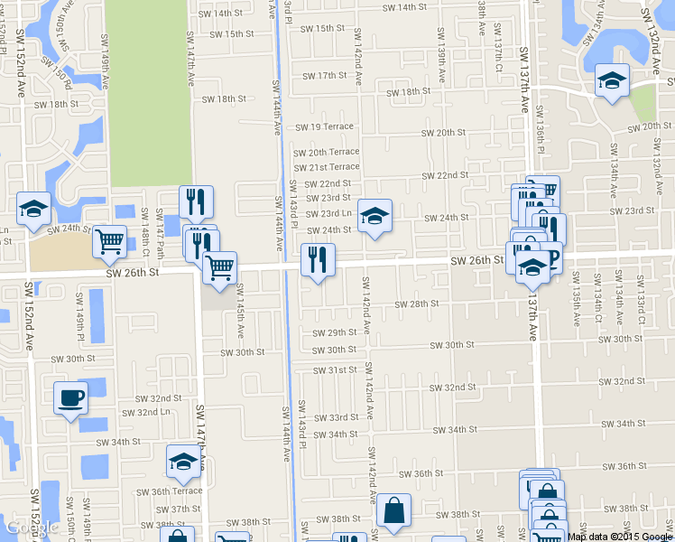 map of restaurants, bars, coffee shops, grocery stores, and more near 2600 Southwest 142nd Court in Miami