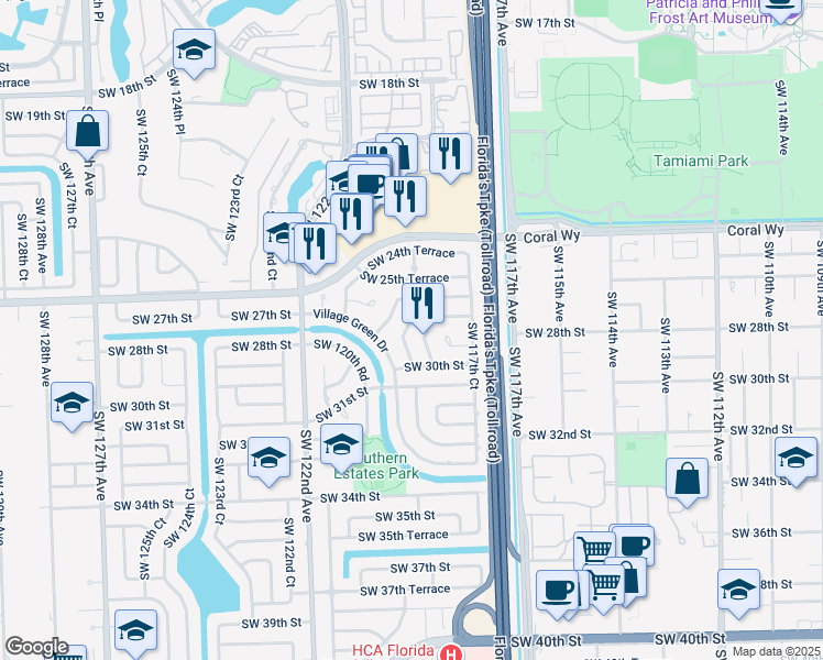 map of restaurants, bars, coffee shops, grocery stores, and more near 2701 SW 118th Ct in Miami