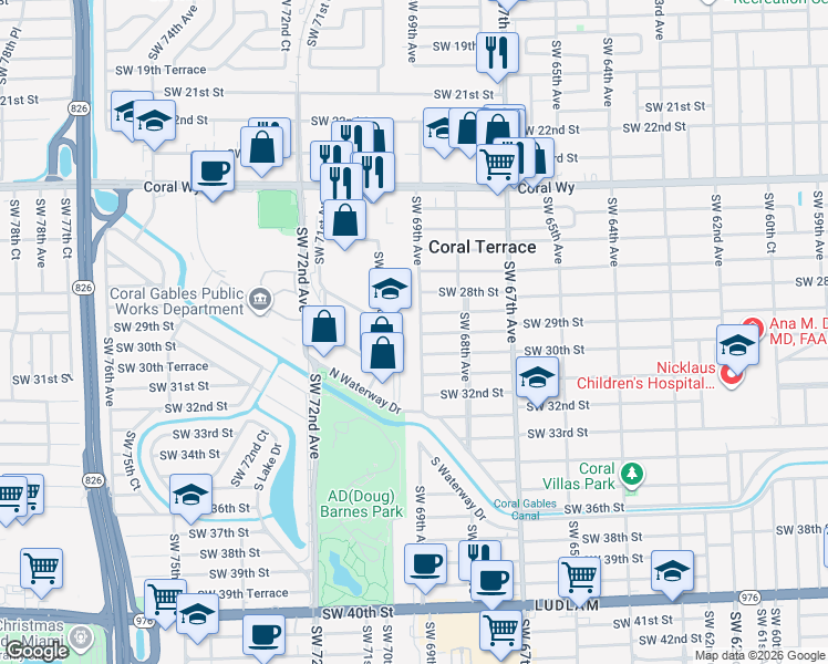 map of restaurants, bars, coffee shops, grocery stores, and more near 2872 Southwest 69th Avenue in Miami