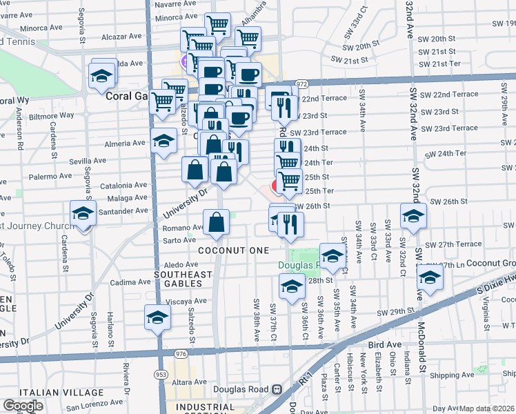 map of restaurants, bars, coffee shops, grocery stores, and more near 41 San Sebastian Avenue in Coral Gables
