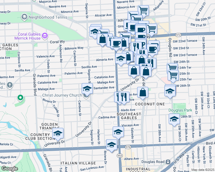 map of restaurants, bars, coffee shops, grocery stores, and more near 427 Santander Avenue in Coral Gables