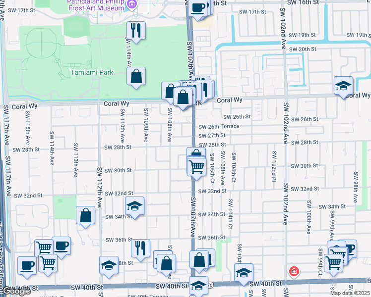 map of restaurants, bars, coffee shops, grocery stores, and more near 10720 Southwest 28th Street in Miami