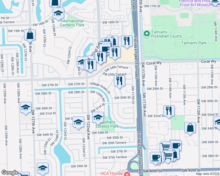 map of restaurants, bars, coffee shops, grocery stores, and more near 2715 Southwest 119th Court in Miami