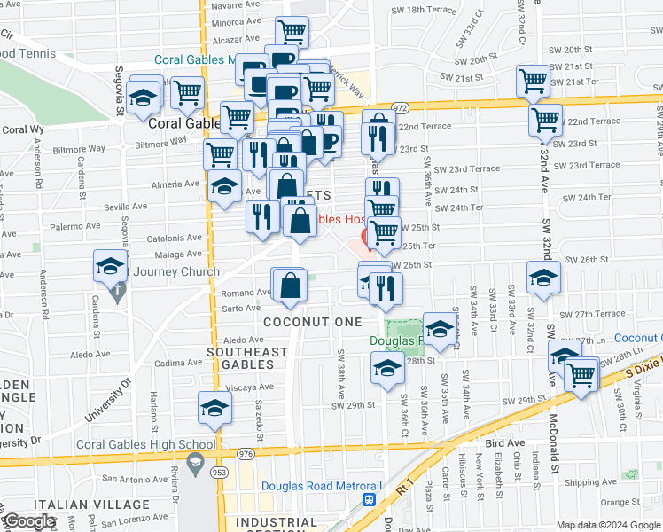 map of restaurants, bars, coffee shops, grocery stores, and more near 101 San Sebastian Avenue in Coral Gables
