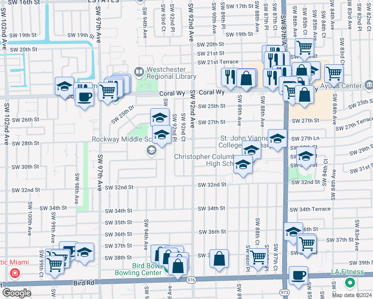 map of restaurants, bars, coffee shops, grocery stores, and more near 2831 Southwest 92nd Court in Miami