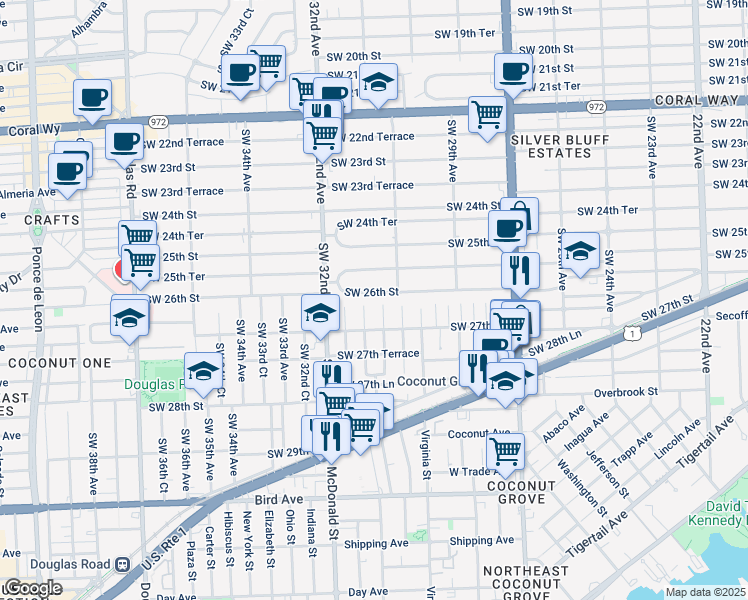 map of restaurants, bars, coffee shops, grocery stores, and more near 3144 Southwest 26th Street in Miami