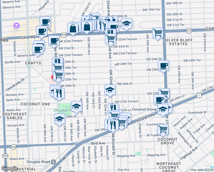 map of restaurants, bars, coffee shops, grocery stores, and more near 2621 Southwest 32nd Court in Miami
