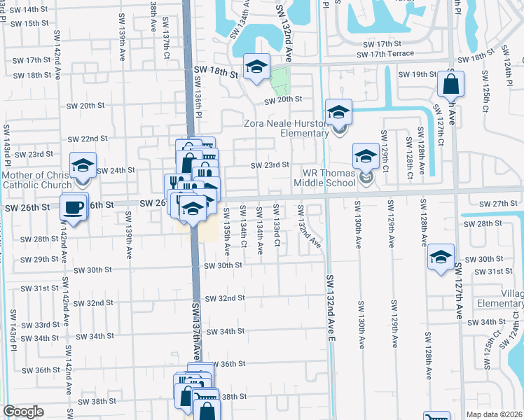 map of restaurants, bars, coffee shops, grocery stores, and more near 13392 Southwest 26th Terrace in Miami