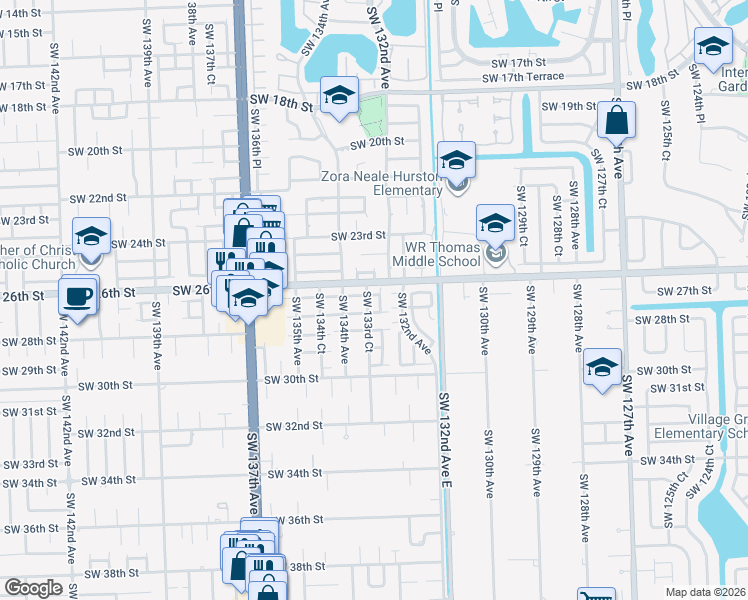map of restaurants, bars, coffee shops, grocery stores, and more near 2635 Southwest 133rd Avenue in Miami