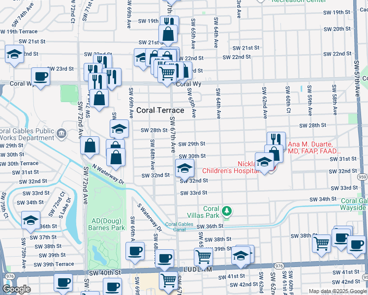 map of restaurants, bars, coffee shops, grocery stores, and more near 6550 Southwest 29th Street in Miami