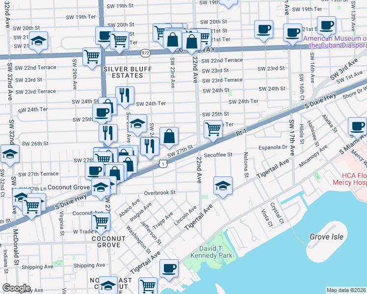 map of restaurants, bars, coffee shops, grocery stores, and more near 43 M-Path in Miami