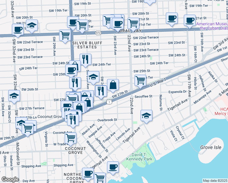 map of restaurants, bars, coffee shops, grocery stores, and more near 2642 Southwest 23rd Avenue in Miami