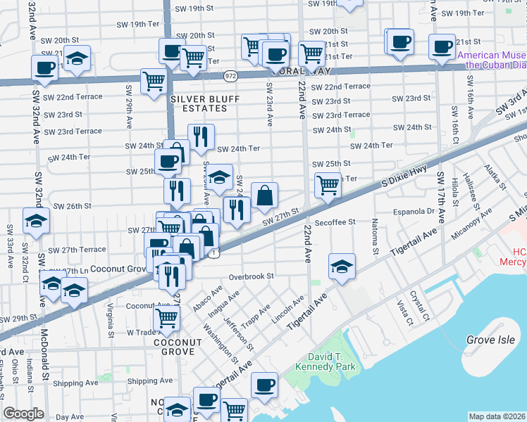 map of restaurants, bars, coffee shops, grocery stores, and more near 2642 Southwest 23rd Avenue in Miami