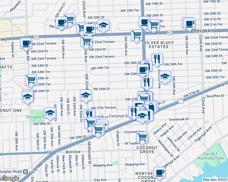 map of restaurants, bars, coffee shops, grocery stores, and more near 3024 Southwest 26th Street in Miami