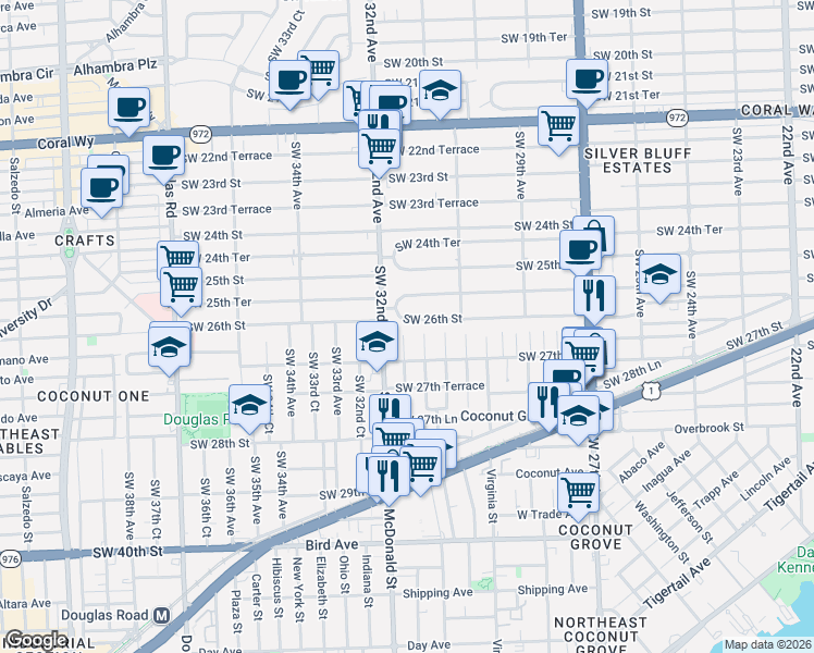 map of restaurants, bars, coffee shops, grocery stores, and more near 3184 Southwest 26th Street in Miami
