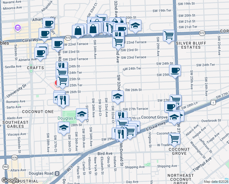map of restaurants, bars, coffee shops, grocery stores, and more near 2621 Southwest 32nd Court in Miami