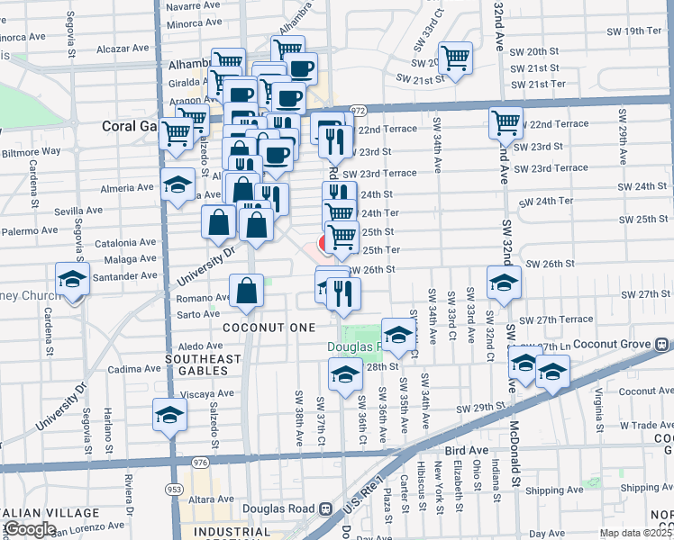 map of restaurants, bars, coffee shops, grocery stores, and more near in Coral Gables