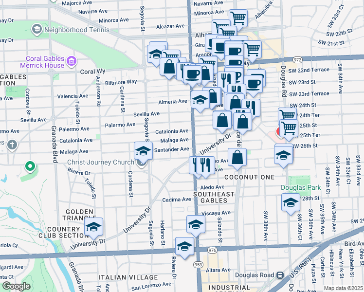 map of restaurants, bars, coffee shops, grocery stores, and more near 427 Santander Avenue in Coral Gables