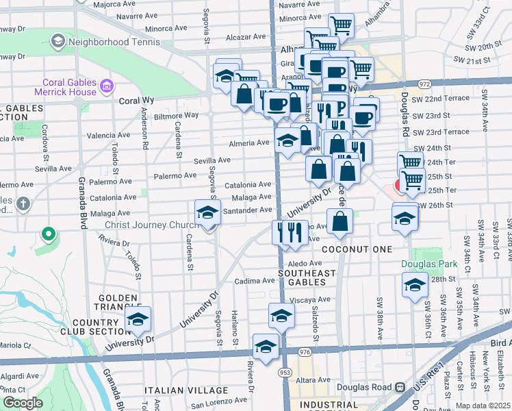 map of restaurants, bars, coffee shops, grocery stores, and more near 427 Santander Avenue in Coral Gables