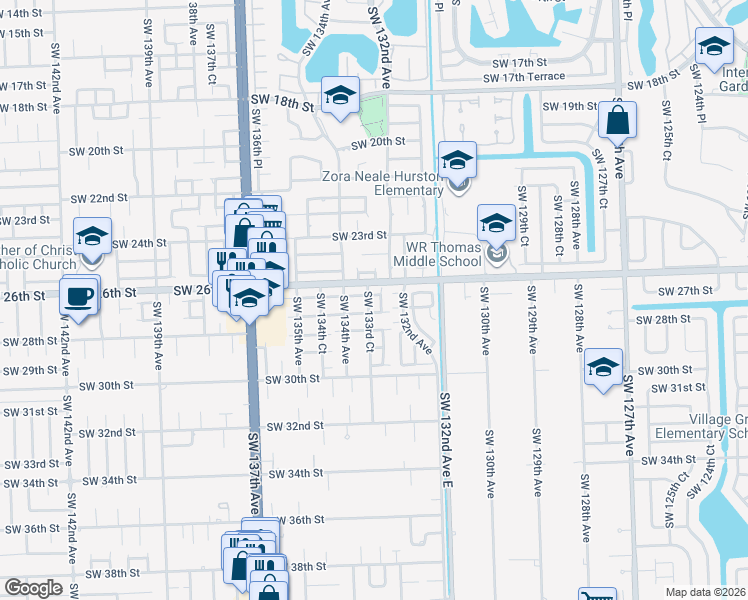 map of restaurants, bars, coffee shops, grocery stores, and more near 2635 Southwest 133rd Avenue in Miami