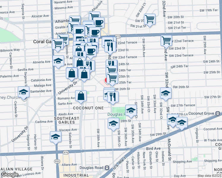 map of restaurants, bars, coffee shops, grocery stores, and more near in Coral Gables