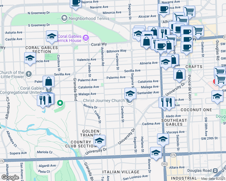 map of restaurants, bars, coffee shops, grocery stores, and more near 734 Malaga Avenue in Coral Gables
