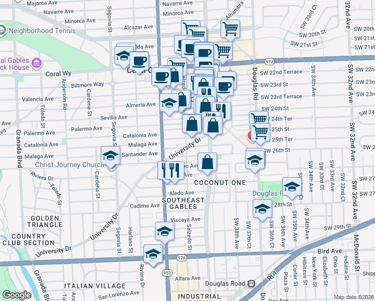 map of restaurants, bars, coffee shops, grocery stores, and more near 3133 Salzedo Street in Coral Gables
