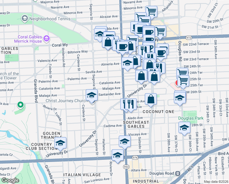map of restaurants, bars, coffee shops, grocery stores, and more near 427 Santander Avenue in Coral Gables