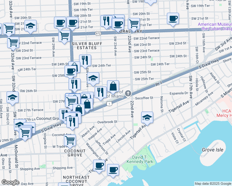 map of restaurants, bars, coffee shops, grocery stores, and more near 2642 Southwest 23rd Avenue in Miami