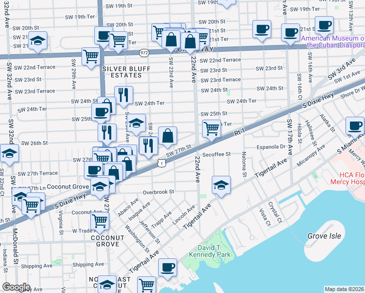 map of restaurants, bars, coffee shops, grocery stores, and more near 43 M-Path in Miami