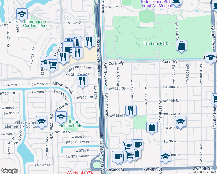 map of restaurants, bars, coffee shops, grocery stores, and more near 11681 Southwest 28th Street in Miami