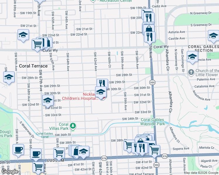 map of restaurants, bars, coffee shops, grocery stores, and more near 2934 Southwest 60th Court in Miami