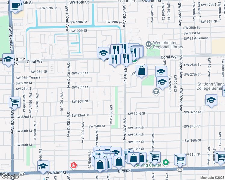 map of restaurants, bars, coffee shops, grocery stores, and more near 2825 Southwest 98th Avenue in Miami