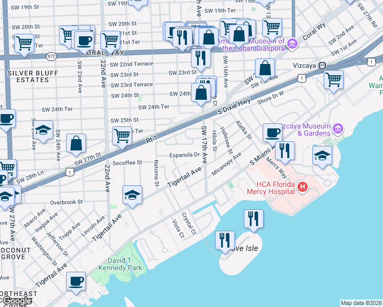 map of restaurants, bars, coffee shops, grocery stores, and more near 1741 Espanola Drive in Miami