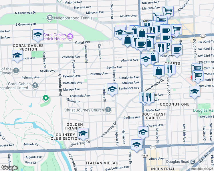 map of restaurants, bars, coffee shops, grocery stores, and more near 646 Malaga Avenue in Coral Gables